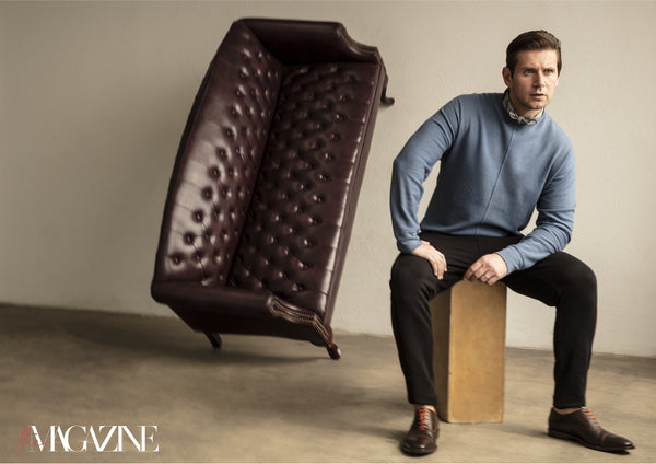 Allen Leach From Downton Abbey Wearing Our Lounge Crew, Lounge Pants, And Bandana For The Magazine.