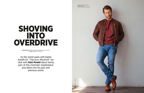 Glen Powell From The Top Gun Movie, Wearing Our Lounge Crew For DaMan Magazine.